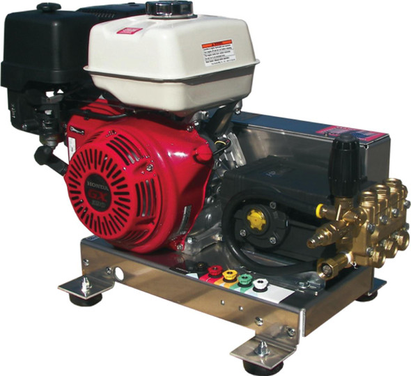 PressurePro 4.0g 4000psi Cold Belt GP Skid, industrial pressure pump with red and black engine, brass fittings, and metal base.