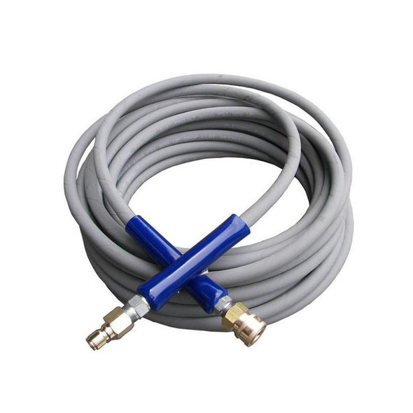 PressurePro Flextral Pressure Washer Hose, coiled grey hose with blue and brass fittings for high-pressure cleaning.