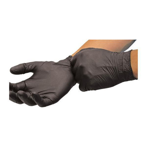 ProTool Gloves Nitrile 4Mil 50 pair 100 count Large Black, close-up of a hand wearing black nitrile glove in a glove box, suitable for industrial, medical, or cleaning applications.