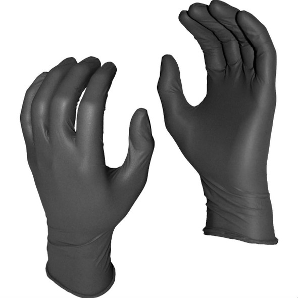ProTool Gloves Nitrile 4Mil 50 pair 100 count Large Black, pair of black nitrile gloves shown on hands, protective medical or work gloves for safety and hygiene.