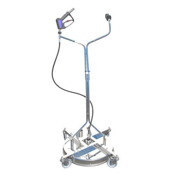 J.Racenstein Recovery Surface Cleaner 21in Mosmatic, industrial equipment with a long metal handle, connected hose, and a cleaning attachment, mounted on a wheeled metal base for surface cleaning.
