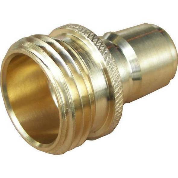 PressurePro GH QC Plug 3/4in GH x 1/2in NPT-M, brass plug fitted with quick connect and threaded connector for plumbing and irrigation systems.