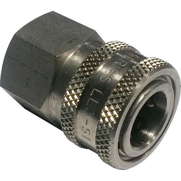 ProTool Coupler 3/8 FPT SS Socket, metallic quick-connect coupling with knurled texture for enhanced grip and a threaded fitting for secure attachment.
