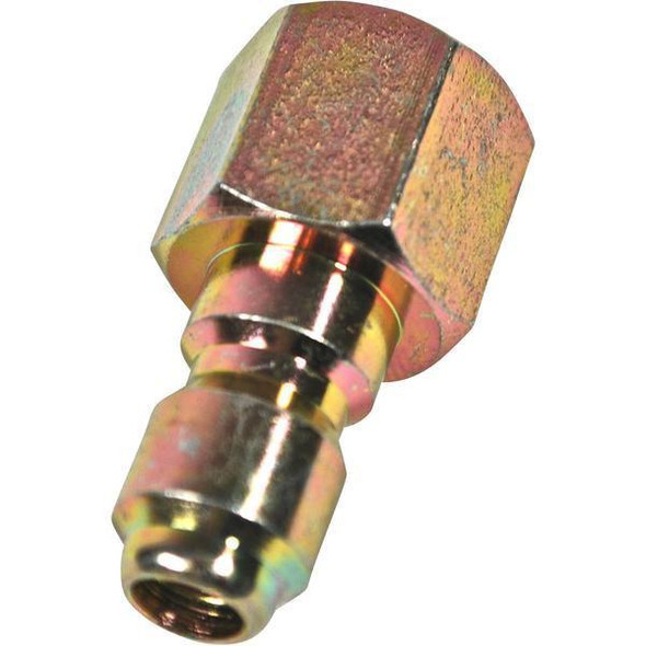 J.Racenstein Plug 1/4in Steel/Zinc FPT, close-up view of a metal plug with zinc coating for plumbing and industrial applications.