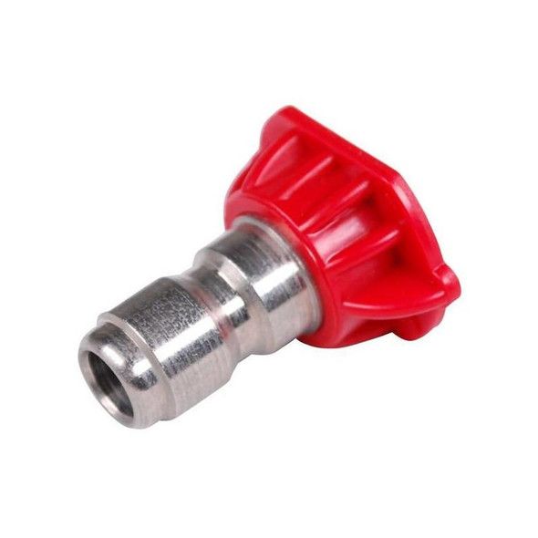 ProTool Nozzle Tip Quick Connect Pressure Washer 1/4in Plug, metal nozzle with red plastic quick connect handle.