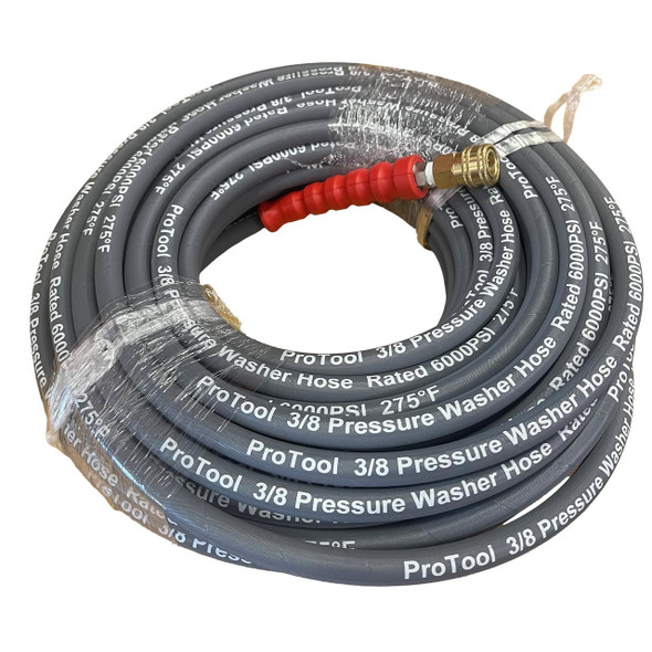 ProTool Pressure Washer Hose 50ft, 2 Wire 6000psi with Quick Connects, coiled high-pressure hose with brass fittings and red quick connect coupler.