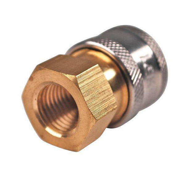 J.Racenstein Coupler Brass 1/4in FNPT, close-up of brass and metallic coupler with threaded interior and knurled exterior for secure connection.