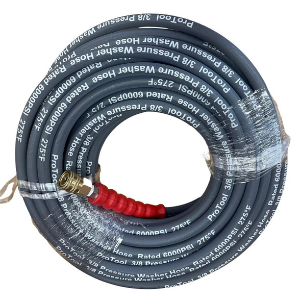 ProTool Hose PW 100ft 6000psi 2W Gray with Quick Connect, industrial high-pressure hose coiled for pressure washing and cleaning applications.