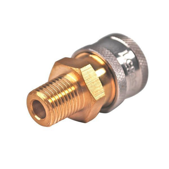 J.Racenstein Coupler Brass 1/4in MNPT, close-up of brass pneumatic connector with male threaded end and metallic coupling part for fluid or air systems.