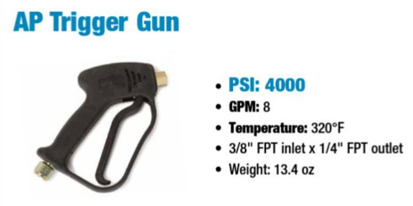 J.Racenstein Trigger Gun AP 4000psi 320deg 8gpm, handheld black trigger gun with brass fittings and ergonomic handle for high-pressure cleaning.