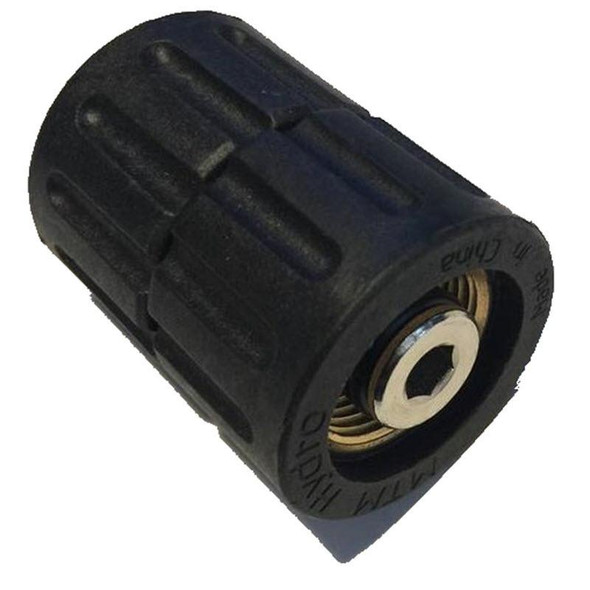 PressurePro M22 14MM Twist to M22 14MM Twist Coupler Brass, black plastic and brass fitting component.