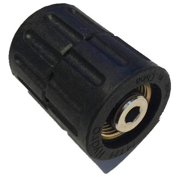 PressurePro M22 14MM Twist to M22 14MM Twist Coupler Brass, black threaded coupler with brass components for hose connection.