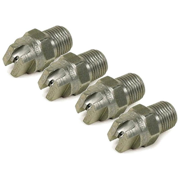 J.Racenstein Nozzle Stainless Steel 1/4 NPT, four industrial nozzles with threaded fittings and precision cut tips for high-pressure applications.