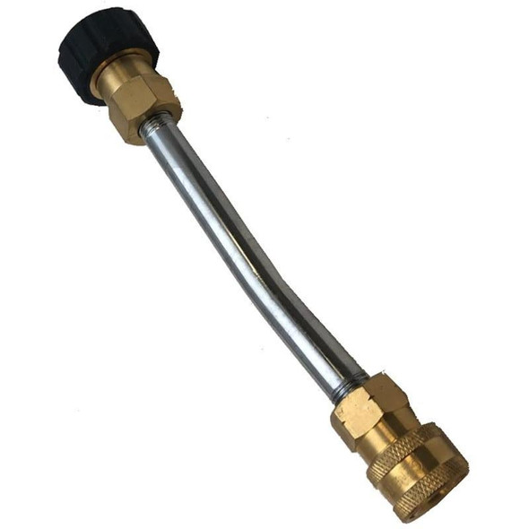 PressurePro Lance 8in Curved telescoping wand top, detailed view of a curved, elongated spray wand with brass fittings and a black adjustable nozzle for pressure washing tools.