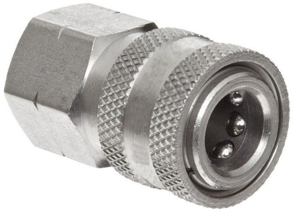 ProTool Coupler 1/4 FPT SS Socket, metallic connector with textured grip for secure attachment.