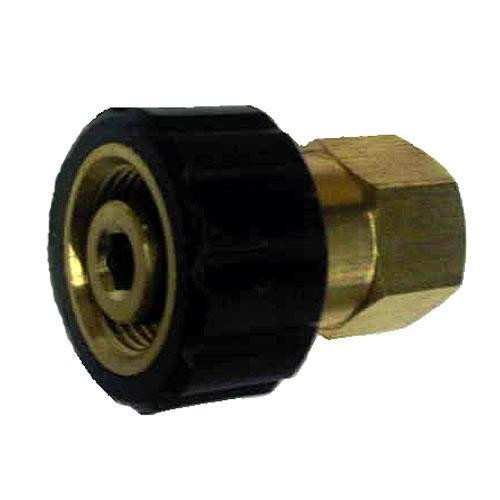 PressurePro M22 14MM Twist to 1/4in Female NPT Brass, a brass fitting with a black twist connector for secure attachment.