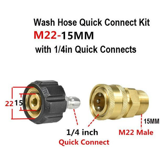 ProTool M22 15MM Hose Quick Connector Kit with 1/4 Quick Connects, image showing the black M22 connector and the gold M22 male connector with labeled dimensions and quick connect feature.