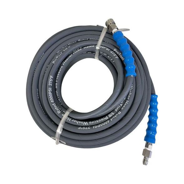 ProTool Pressure Washing Hose 4000psi 1 Wire, coiled high-pressure hose with blue fittings for power washer.