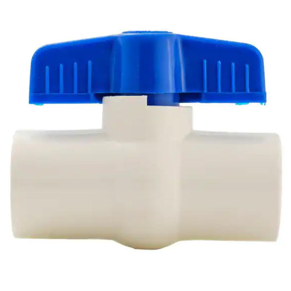 ProTool Ball Valve 1/2in PVC for Softwashing Wands, blue and white plastic ball valve with a blue handle for controlling water flow in softwashing wands.