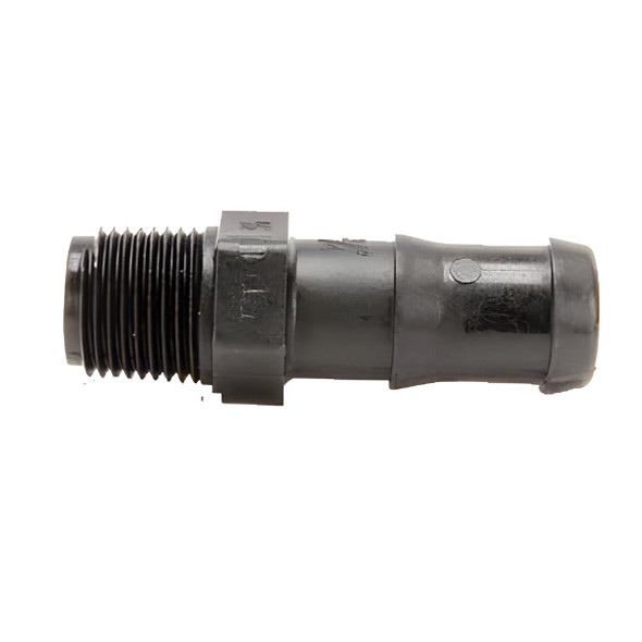 J.Racenstein Hose Barb Poly 3/4in to 1/2 MNPT, metal hose barb fitting with threaded end for connecting hoses and fittings.
