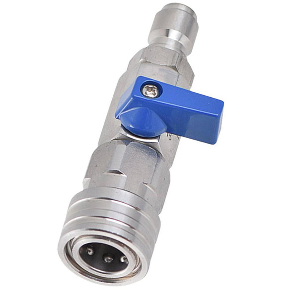 J.Racenstein Ball Valve Pressure Washer 3/8in 4500psi with Quick Connectors, metal ball valve with blue handle for pressure control.
