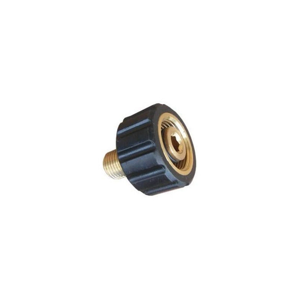 PressurePro M22 14MM Twist to 1/4in Male NPT Brass, industrial fitting with brass threading and black twist-to-connect cap for quick and secure connections.
