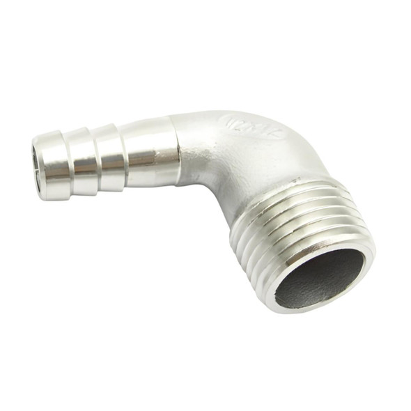 ProTool Hose Barb elbow 90deg SS 1/2in Male NPT to 1/2in Barb, stainless steel hose elbow fitting with 90-degree bend and threaded male NPT connection
