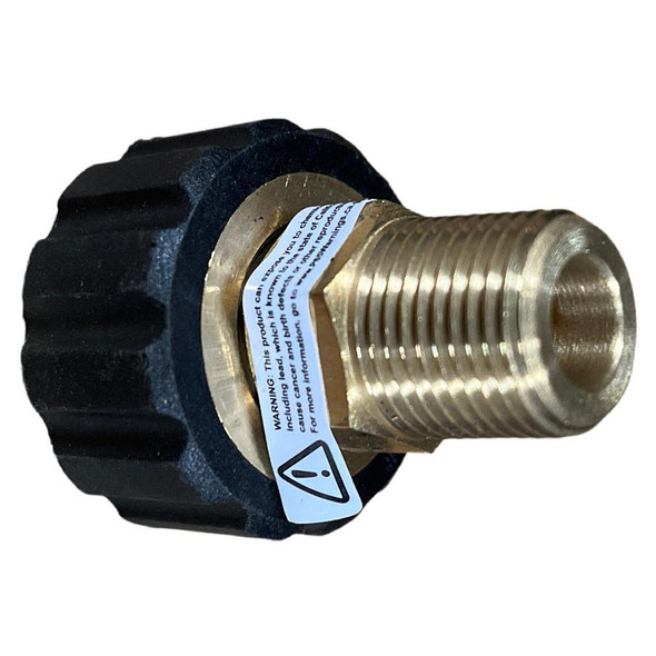 PressurePro M22 14MM Twist to 3/8in Male NPT Brass fitting, close-up of threaded metal pipe connector with black plastic and brass construction.