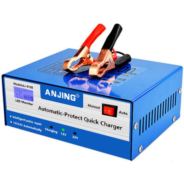 ProTool Battery Fast Smart Pulse Charger 130watt 12v or 24v, blue automatic-protect quick charger with digital display and copper clamps for automotive batteries.