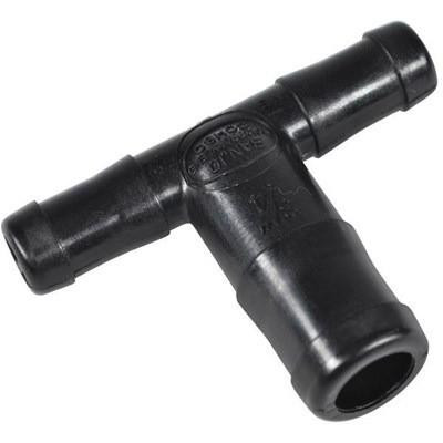 ProTool Hose Barb Tee Banjo 1/2in to 3/4in FNPT, black plastic hose fitting with threaded ends for connecting hoses and pipes.