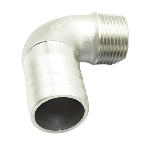 ProTool Hose Barb 90deg SS 3/4 MPT 1in Barb 25mm, stainless steel 90-degree hose barb fitting with 3/4 inch MPT threading and 1 inch (25mm) barb for secure hose connection.