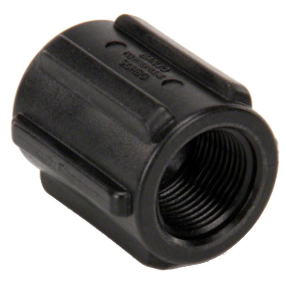 ProTool Coupling Poly Pipe 3/4in Banjo, black plastic pipe fitting with threaded interior for connecting poly pipes.