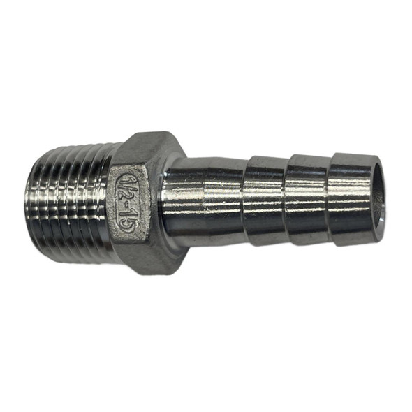 ProTool Hose Barb SS 1/2in to 1/2in MNPT 14mm, stainless steel hose barb fitting with male threaded end for secure connection to hoses and fittings.