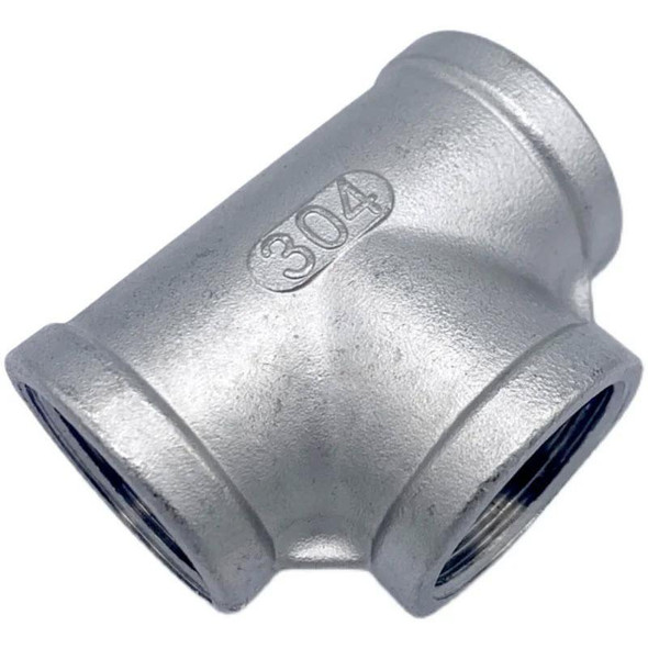 ProTool Tee 3/4in NPT Stainless Steel 304, industrial pipe fitting with threaded openings for plumbing or fluid transfer systems.