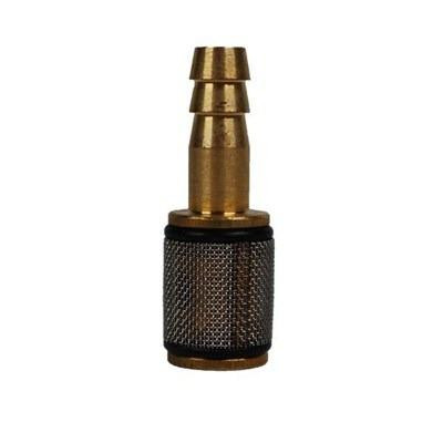J.Racenstein Brass 1/4in PickupLine ChemFilter without ch, a brass filter component with a knurled black grip and a cylindrical shape.