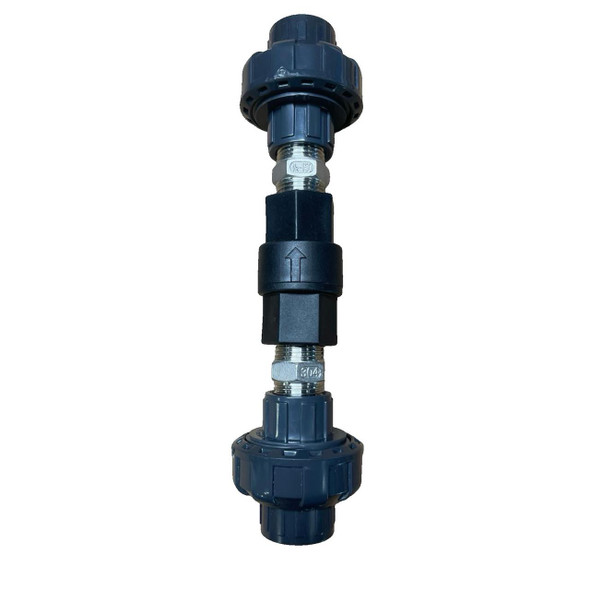 ProTool Quick Change Check Valve Union 1/2in Replacement, image of a blue plastic check valve union with metal fittings for plumbing