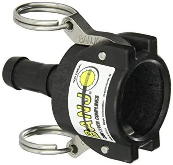 ProTool Coupler 3/4in FM to 1/2in barb Banjo, black metal fitting with a white label and metal ring attachment for secure connection.