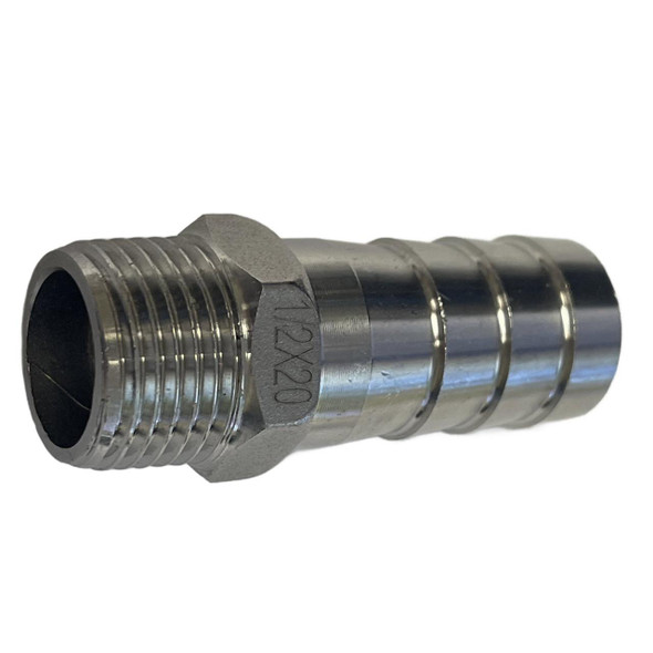 ProTool Hose Barb SS 1/2in Male NPT to 3/4in Barb, stainless steel hose barb connector with male NPT threading and barbed end for flexible hoses.