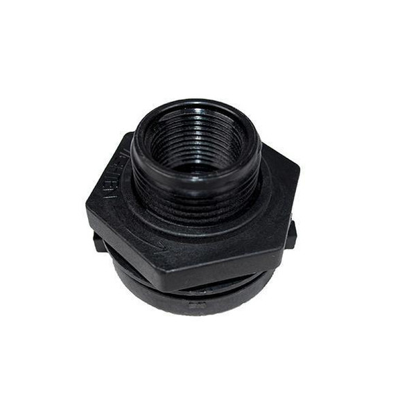 J.Racenstein Bulkhead 1in. Fitting W/Gasket, black threaded fitting with gasket for plumbing or irrigation systems.