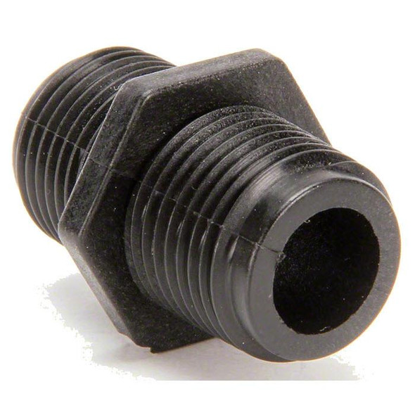 ProTool Nipple 3/8 MPT to 3/8 MPT Banjo, black plastic hydraulic fitting with threaded ends and ribbed exterior for secure connection.