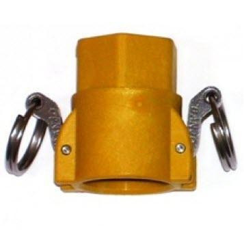 ProTool Coupler 3/4in x 3/4in GH Female Thread, yellow plastic coupler with metal rings for secure connection.