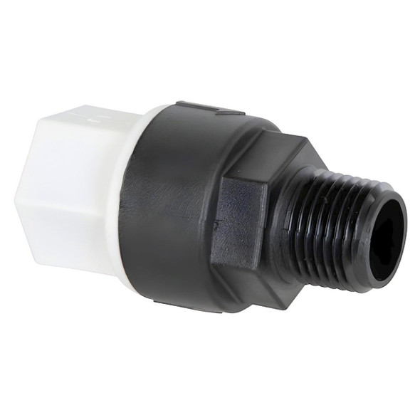 J.Racenstein Check Valve 1/2in FPT to 1/2 MPT EPDM, black and white plastic plumbing check valve with threaded fittings.