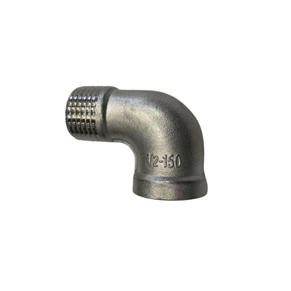 ProTool Street Elbow SS 1/2in x 1/2in, stainless steel 90-degree pipe elbow fitting for plumbing and irrigation systems.