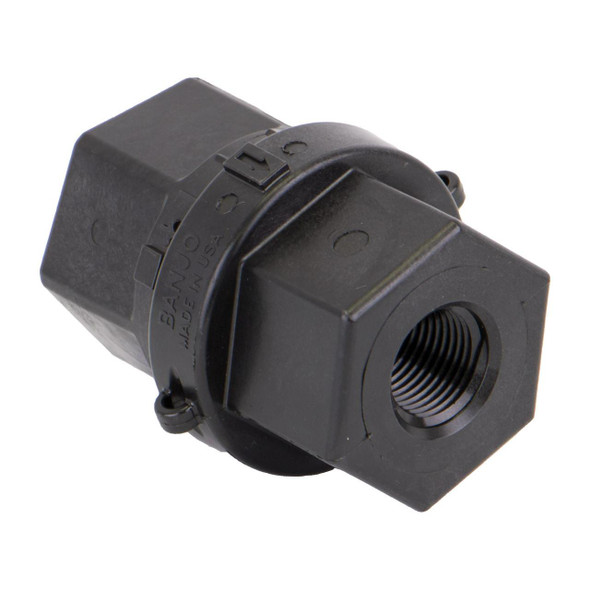 ProTool Check Valve 1in Banjo, black plastic check valve with threaded connection for fluid control.
