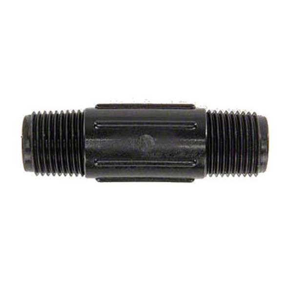ProTool Nipple 1/2in MPT 3in Poly Banjo, black plastic pipe fitting with threaded ends for connecting pipes in plumbing systems.