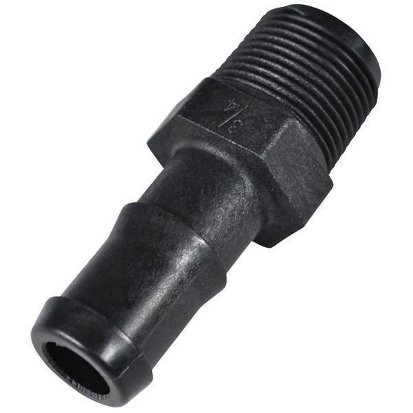 ProTool Hose Barb Banjo 3/4in to 3/4in MNPT, black metal fitting with threaded and barb ends for hose connection.