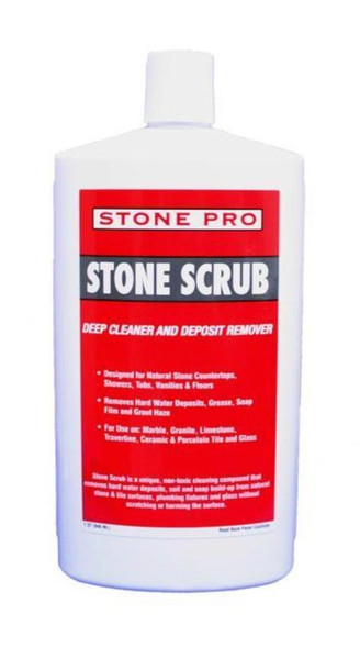 StonePro Stone Scrub Quart, white plastic bottle with red and gray label for deep cleaner and deposit remover for natural stone surfaces.