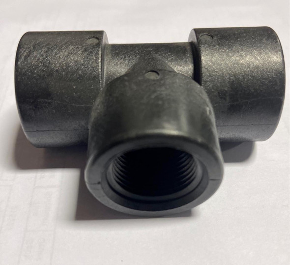 ProTool Tee 3/4in Banjo Poly, black plastic plumbing tee with threaded female ends for pipe connection.