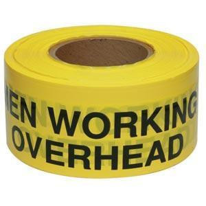 J.Racenstein Caution Tape Men Working Above, yellow caution tape with black text warning of men working overhead.