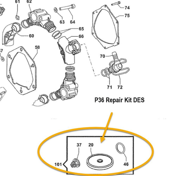 J.Racenstein Comet P36 Repair Kit, detailed schematic showing the interior components including a pulley, O-ring, and small repair parts.